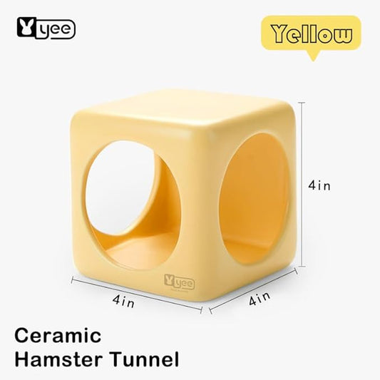 Ceramic Hamster House Cube Set, 4-Inch Stackable Small Animal Hideout Cave for Hamsters Mice Gerbils Dwarf Rabbits – Hard Durable DIY Mix & Match Habitat Hideaway Decor, Yellow