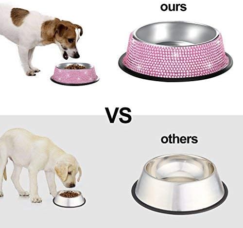 SAVORI Small Dog Bowls Pink, Handmade Bling Rhinestones Stainless Steel Pet Bowls Double Food Water Feeder for Puppy Cats Dogs Cats (400ml-Pink)