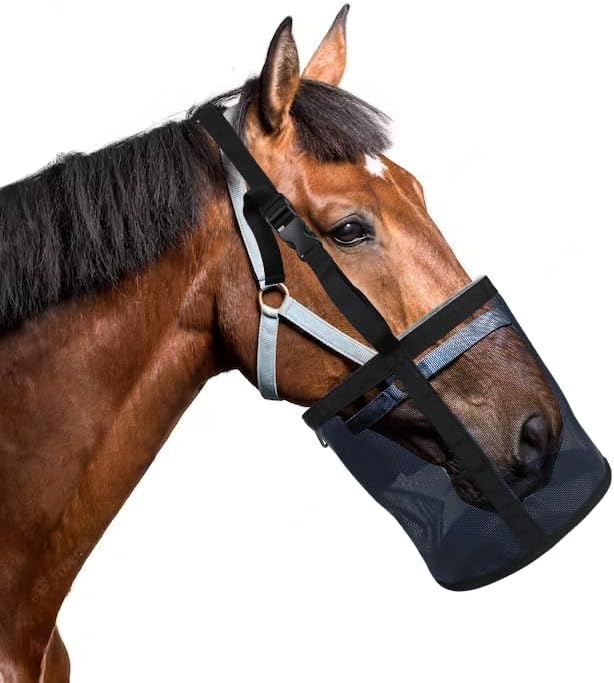 Horse Feed Bag,Heavy Duty Muzzle Feed Bag with Adjustable Strap,Comfort Neck Pad,Nose Pad and Double Waterproof Bottom Mesh Feed Bags for Horse Pack of 2 (Dark Blue+ Concrete Grey)