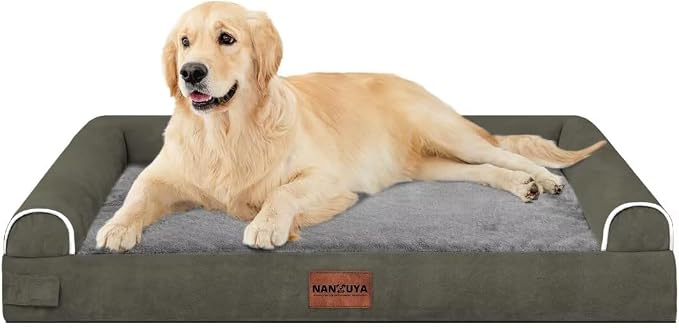 NANUYA Orthopedic Dog Bed for Large Dogs, 36 x 27 Inch, Dark Green | Egg crate foam for joint support, 3-sided bolster pet sofa, waterproof lining, washable cover, and non-skid base
