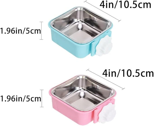 Crate Dog Bowl,Removable Stainless Steel Water Food Feeder Bowls Crate Coop Cup,Pet Cage Bowls with Bolt Holder for Cat, Puppy, Birds, Rats, Rabbits Small Animals ((Blue+Pink) Square, Samll)