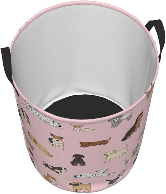 Cute Dogs Pink Round Laundry Hamper Storage Basket Toys Clothes Organizer Bin For Home Bathroom Bedroom Dorm Nursery, 38l