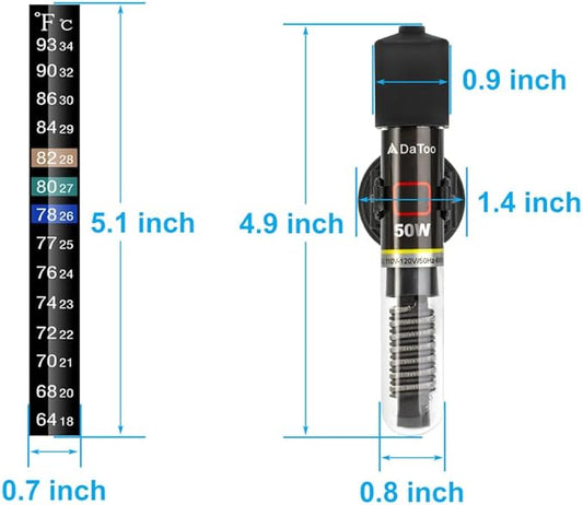 DaToo Mini Aquarium Heater 50W Small Fish Tank Heater 50 Watt with Free Thermometer Sticker