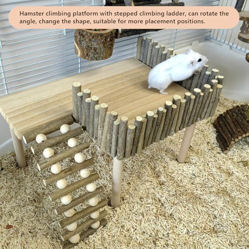 HEEPDD Wooden Hamster Platform, Climbing Toys Playground with Fence Bridge for Small Pets, Gerbil, Rat
