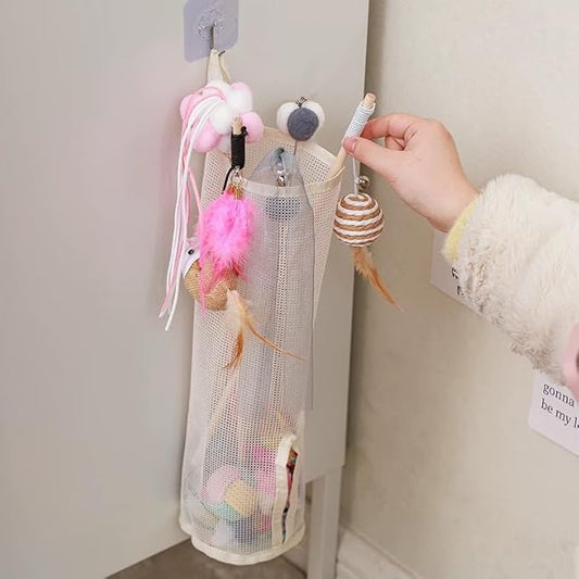 Cat Wand Toy Storage Organizer, Wall Mounted Mesh Holder for Cat Toys, Space-Saving with Adhesive Hooks (Single Compartment)