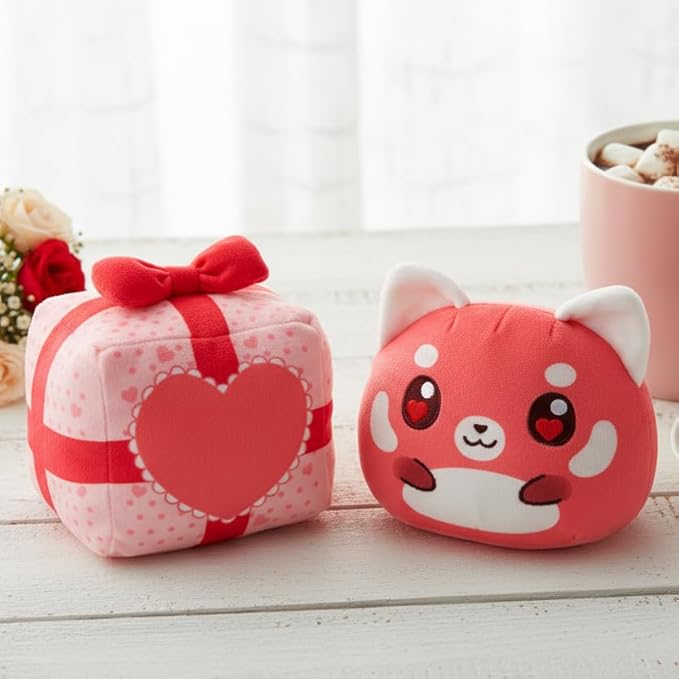 TeeTurtle Reversible Red Panda Valentine's Day Present Plushie - 4-Inch Two-Sided Flip Plush Toy with Embroidered Details - Cute Mini Collectible Plush for Kids, Teens, and Adults