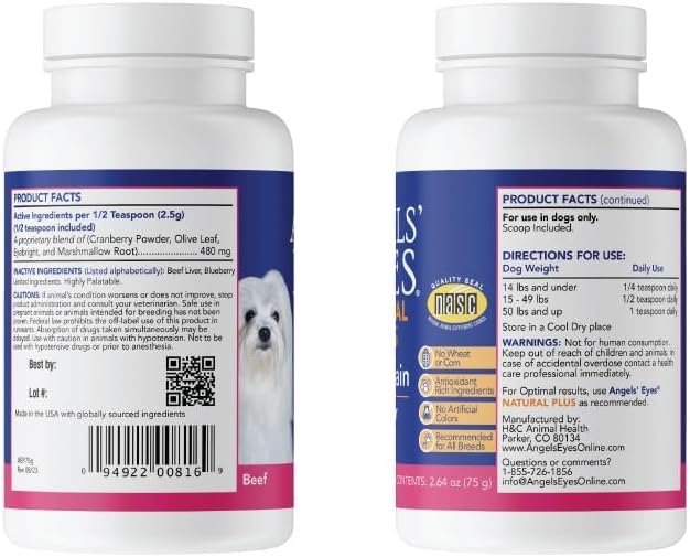 ANGELS' EYES NATURAL PLUS Tear Stain Prevention Beef Powder for Dogs | All Breeds | No Wheat No Corn | Daily Support for Eye Health | Proprietary Formula |Limited Ingredients | Net Content 45g