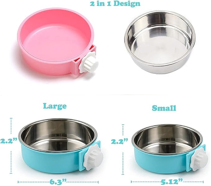 Love Dream Crate Dog Cat Bowl, Removable Stainless Steel Hanging Pet Cage, Food Water Feeder with Bolt for Puppy Birds 2 Pack with Silicone Sponge Dish Brush