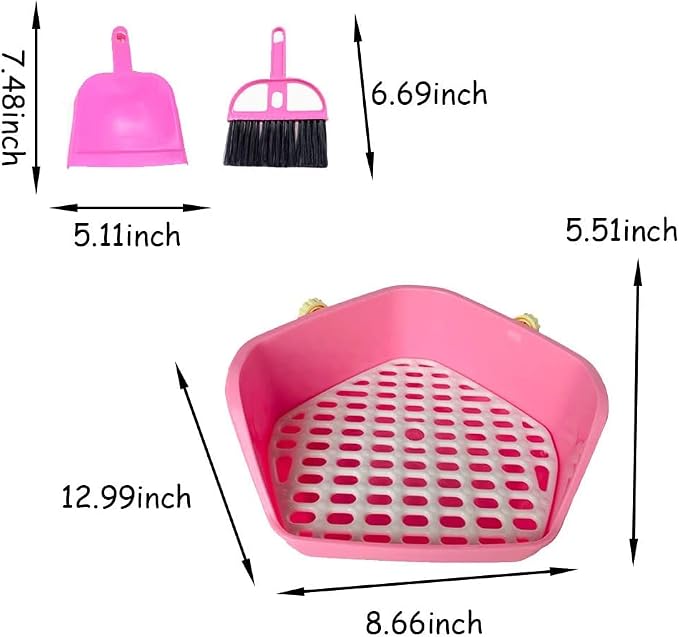 kathson Rabbit Litter Box Pet Toilet Cage Box Potty Trainer Corner with Small Animal Cage Cleaner Broom Brush Dustpan for Bunny Chinchilla Guinea Pig Ferret (Pink)