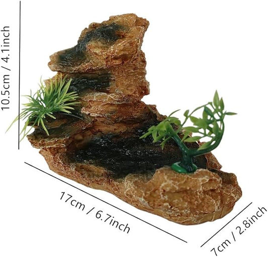 Aquarium Mountain View Stone Ornament with Tree, Artificial Resin Fish Tank Rock Cave Hill Landscape Decoration, Small Fish Hideaway Hideout for Betta Crab Shrimp