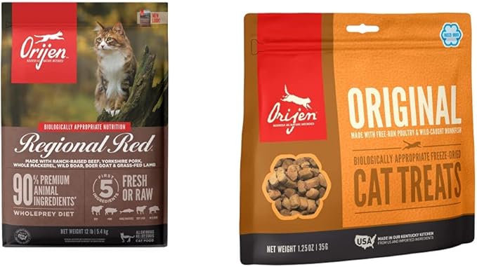 ORIJEN® Dry Cat Food, Grain Free, Premium, High Protein, Fresh & Raw Animal Ingredients, Regional Red, 12lb Freeze Dried Cat Treats, Original, 1.25oz