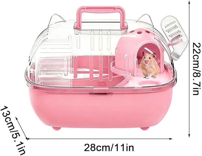 Portable Hamster Cage โ 11" Cat Ear Shape Small Animal Habitat with Exercise Wheel, Water Bottle, Hideout House & Platform, Transparent Carrier for Hamsters, Gerbils, Mice