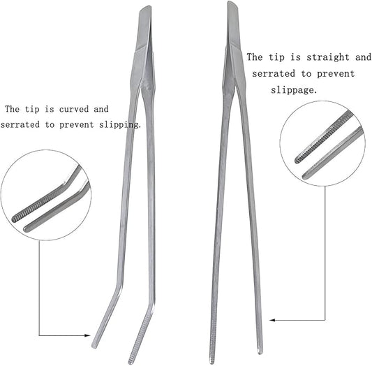 2 Pcs Feeding Tongs, Aquarium Tweezers Stainless Steel Straight and Curved Tweezers Set 27cm/10.6 inches Aquascaping Tools for Hold Worms, Reptiles, Lizards, Bearded Dragon (Silver)