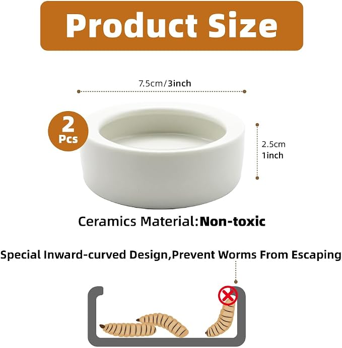 Escape-Proof Reptile Food Dish Bowl, Ceramic Reptile Feeding Dish & Small Animal Bowl for Lizard, Leopard Gecko, Hermit Crab, Hamster, Anti Escape Live Food & Water Dish (3x1in) 2PCS