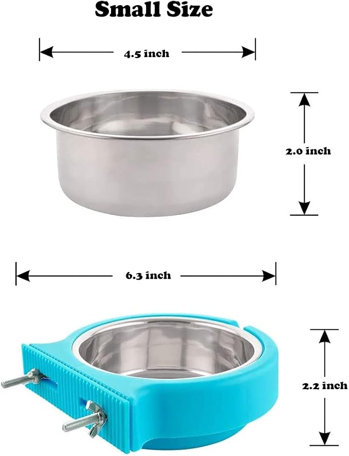 Crate Dog Cat Bowls, Removable Stainless Steel Hanging Pet Cage Bowls for Kennel, Crate Food Water Feeder Bowls with Bolt Holder for Cat, Puppy, Rabbite Birds and Other Small Animals (Large, Blue)