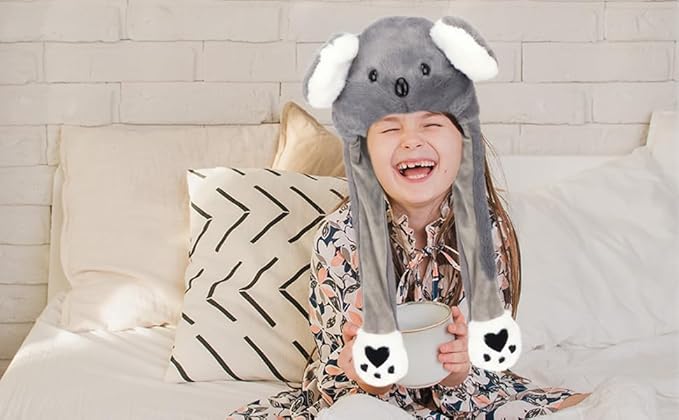 Bubblepompom Animal Hat with Ears Moving Jumping Pop Up Beating Hat Plush Holiday Cosplay Dress Up Funny Gift for Kids