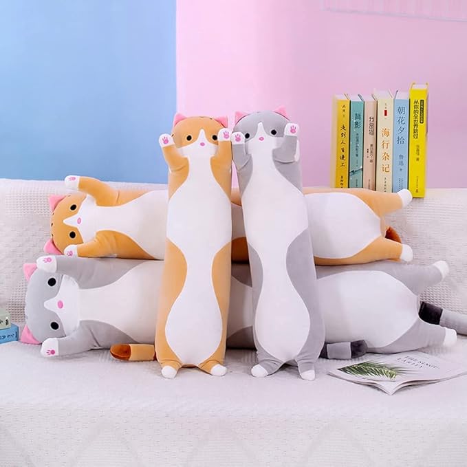 Cute Cat Plush Long Body Pillow Cuddle Cartoon Stuffed Animals Cat Plushie Soft Doll Pillows Gifts for Kids Girls(Gray, 35 Inches), 1 Count (Pack of 1)