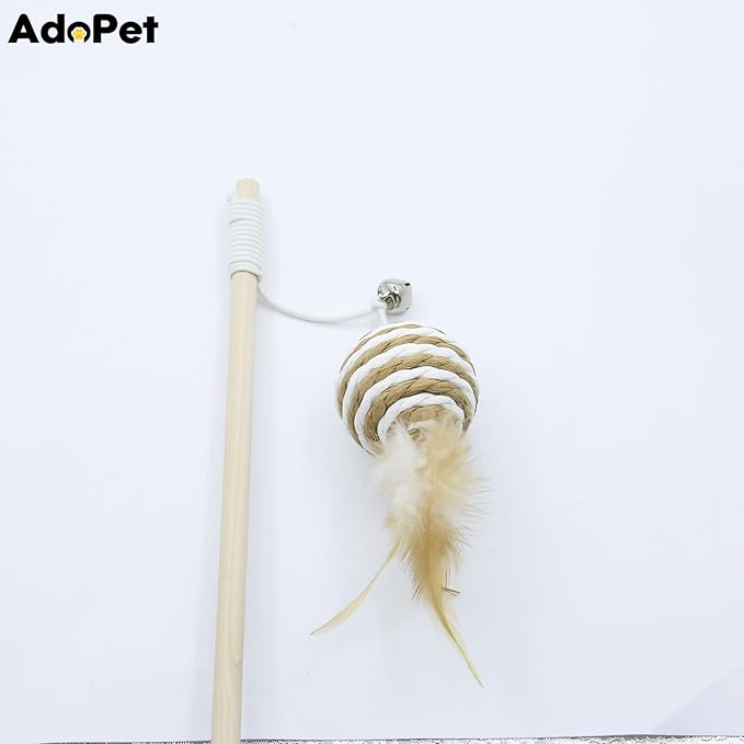 4PCS Cat Teaser Wand Toy Set โ Wooden Handles with Sisal Rope Balls, Mouse & Feather Attachments, Interactive Play Wands with Bells for Indoor Cats