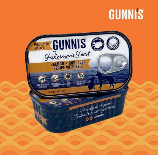 Gunnis Pet Fisherman’s Feast Dog Food Topper – Salmon & Cod Liver with Kelp – Gently Cooked, Wild-Caught in Iceland – Grain-Free, Omega-Rich Topper – 4.5 oz Tin, Pack of 6