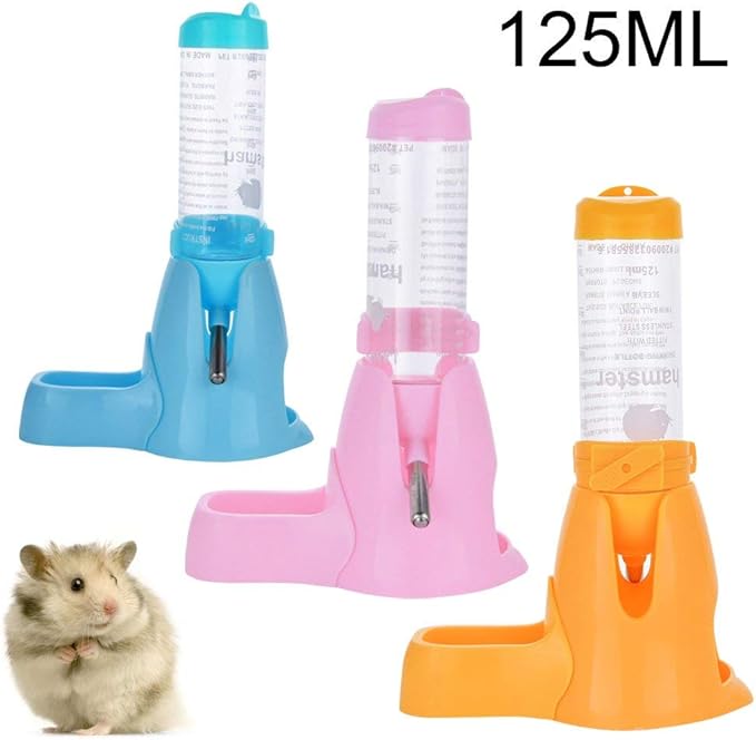 Guardians Hamster Water Bottle, Little Pet Automatic Drinking Bottle with Food Container Base Hut Hanging Water Feeding Bottles Auto Dispenser for Small Animals (125ml,Pink)