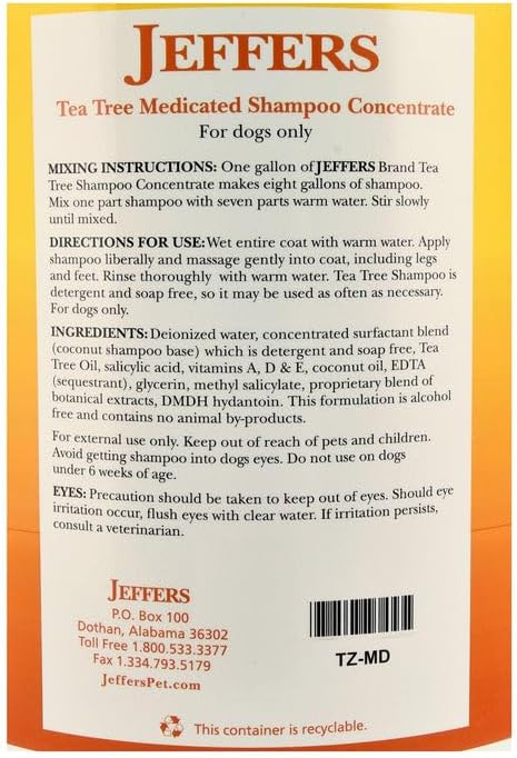 Jeffers Pet Tea Tree (Melaleuca) Dog Shampoo, 128 Oz - Medicated Style Grooming Wash for Dogs, Coconut Based, Soap & Detergent Free, Wintergreen Scent, for Home, Travel & Professional Use