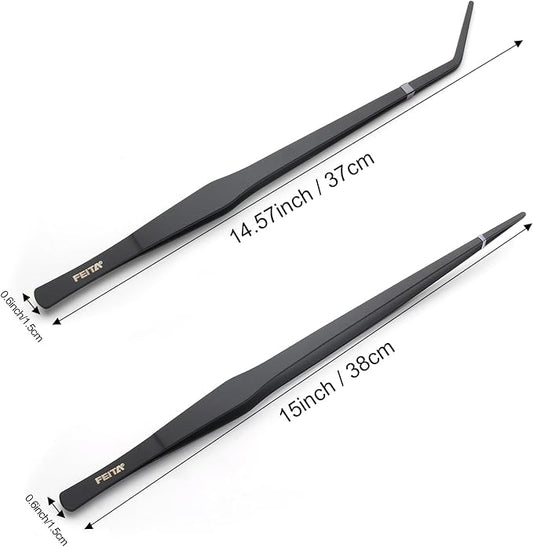 Aquarium Tweezers Extra Long 15 inches Feed Tong Clamps - FEITA Straight and Curved Stainless Steel 38cm Tweezers Set for Fish Tank Plants Aquascape Tools & Reptile Feeding Tongs - Black 2Pcs