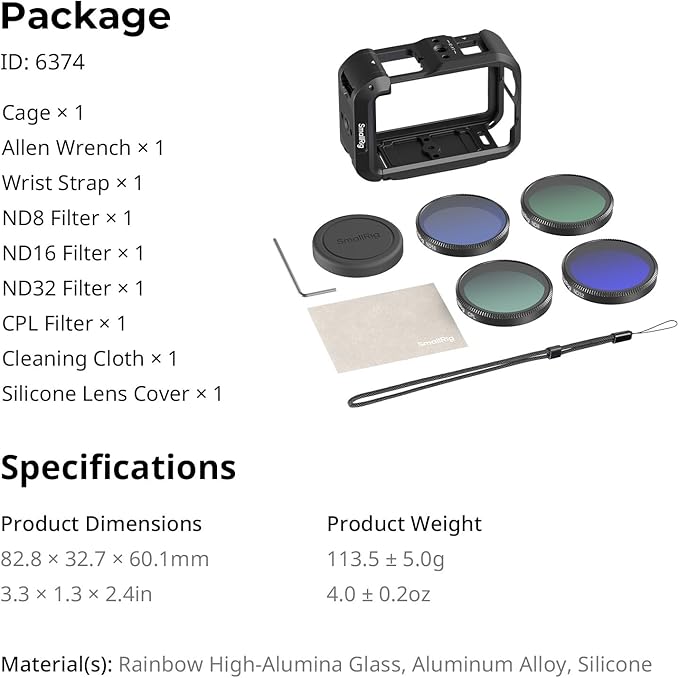SmallRig Cage for DJI Osmo Action 6 with ND Filter Kit, 4 Pack CPL ND8 ND16 ND32 Snap-On Polarizing Neutral Density Filters, Aluminum Alloy Camera Cage with Cold Shoe, Wrist Strap, Lens Cover - 6374