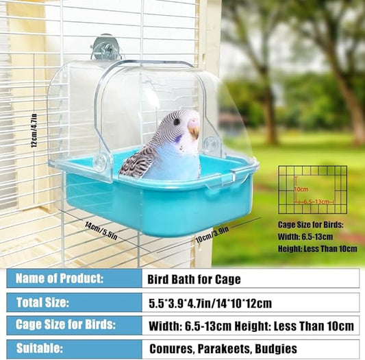 Bird Bath for Cage - Spacious Parakeet & Parrot Bathtub with Hanging Hooks, Portable Shower for Most Birdcages, Cleaning Pet Supply (Blue)