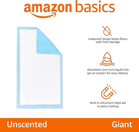 Amazon Basics Leak-Proof Dog and Puppy Potty Training Pee Pads with Quick-Dry 5-Layer Surface, Standard Absorbency, Giant Size, 27.5 x 44 Inch, Blue & White, 40-Pack