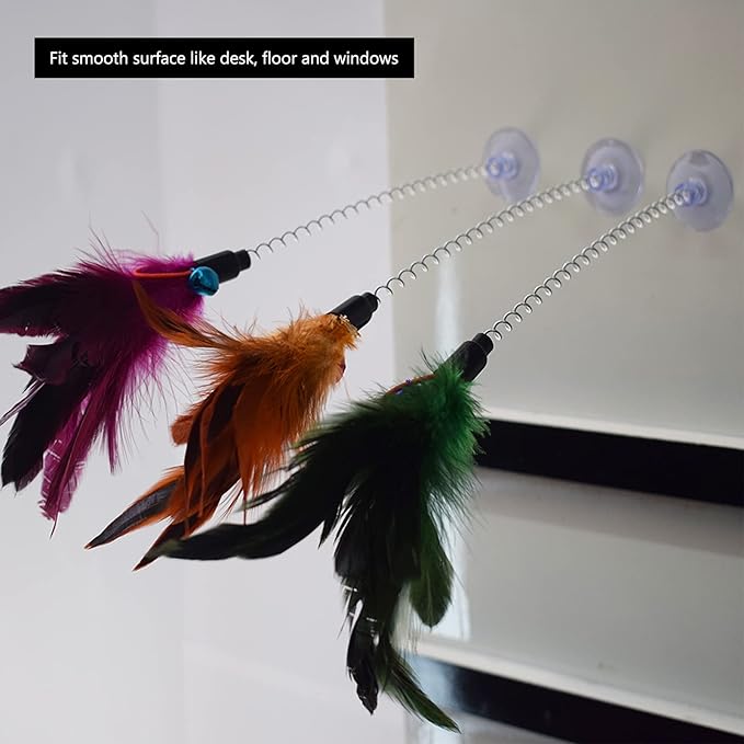 IUHKBH Cat Feather Wands, 6 PCS Spring Cat Teaser Wands with Bell Self Play Feather Toys Interactive Kitten Wand