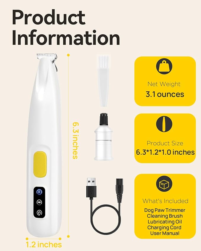 FURBONA Upgraded Dog Paw Trimmer with LED Light, 18 mm Widen Blade, 35 dB Low Noise, LED Display, Fully Waterproof, Rechargeable Clipper for Dogs Cats Trimming Paws, Eyes, Ears, Face, and Rump
