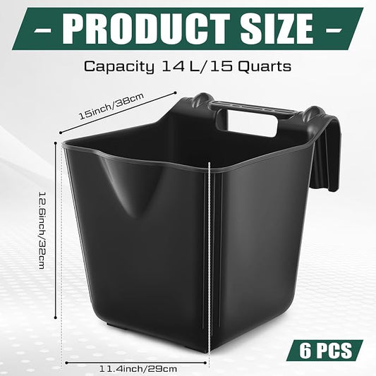 Marsui 6 Pcs 15 Quart Horse Feeders for Stall Hook Over Hanging Fence Hay Feeder Mountable Livestock Plastic Feed Bucket for Farm Stalls Pasture, Stable to Feed Horses Sheep Cattle Cows Etc (Black)