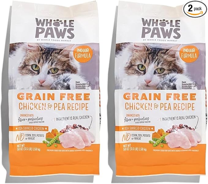 Whole Paws, Grain-Free Dry Cat Food, Chicken & Pea Recipe, Enhanced with Fiber & Prebiotics, Indoor Formula, 3.5 lb (Pack of 2)