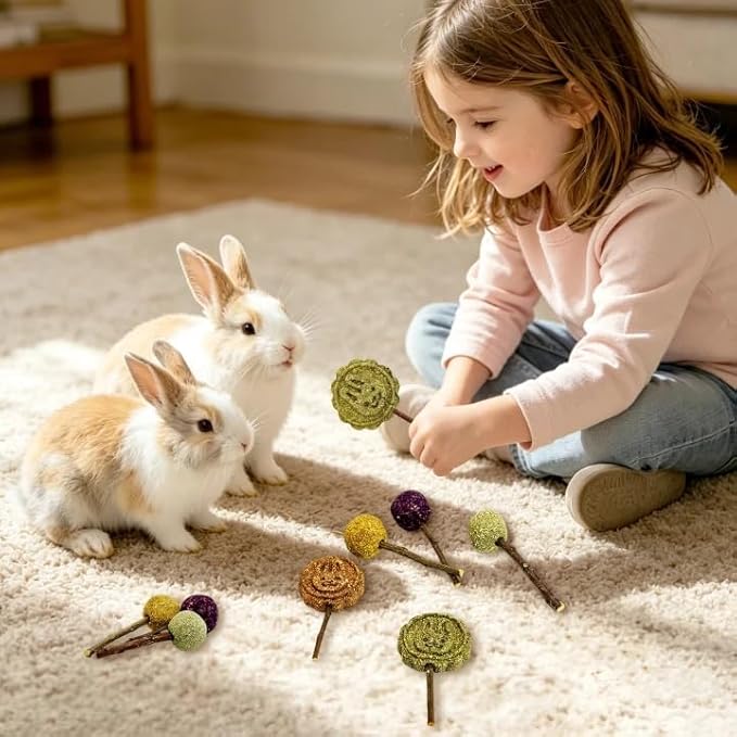 Fhiny Rabbit Chew Toys, 15 PCS Natural Bunny Lollipop Chew Sticks Handmade Guinea Pig Molar Treats for Teeth Small Animals Snacks for Guinea Pig Bunny Chinchilla Hamster Gerbil Teeth Care