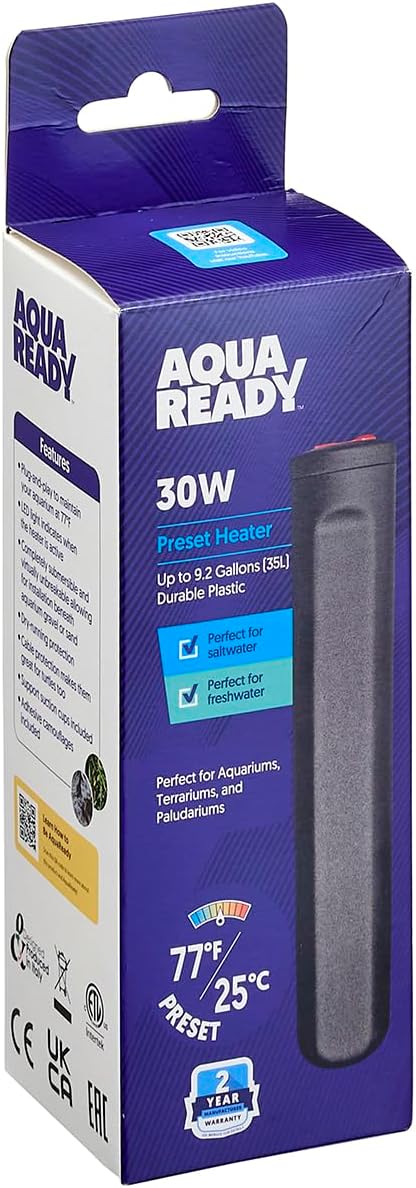 AquaReady 30w Preset Aquarium Heater - Submersible Fish Tank Heater for Freshwater & Saltwater Aquariums, Reliable & Energy Efficient, Compact Design for 10 Gallon Tanks