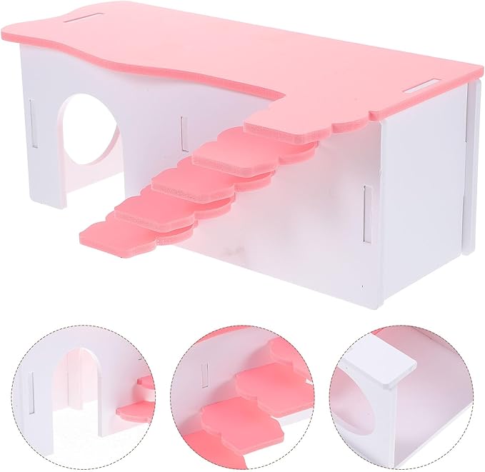 Beaupretty Hamster House Ladder 10.62In Multi-Level Wooden Platform Small Pet Hideout Toy for Hamsters Guinea Pigs Pink Cage Accessory