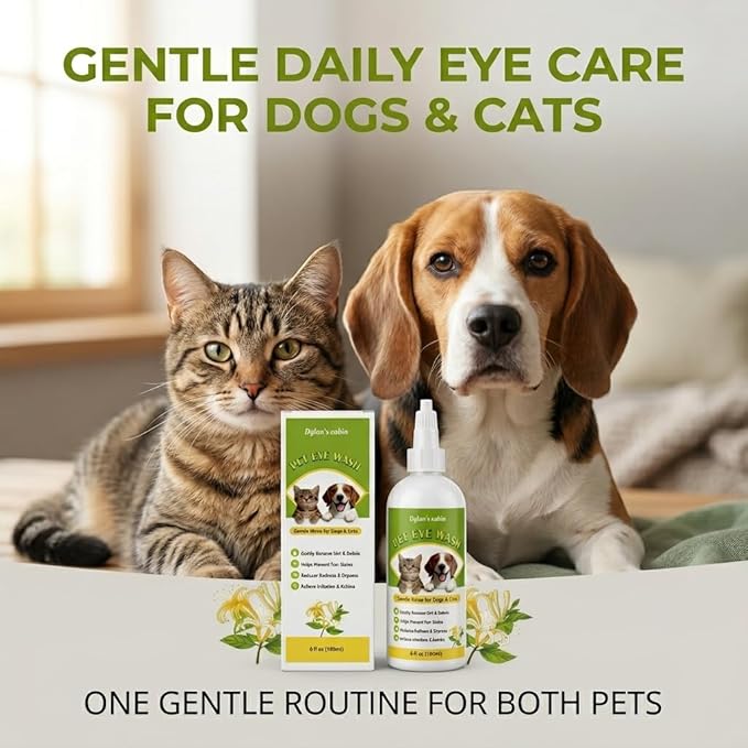 Dylan's cabin Dog Eye Cleaner Wash - Daily Tear Stain Care Eye Drops Clean Dirt Debris Tear Residue, pH-Balanced Formula with Glycerin, Honeysuckle Extract Lutein, 6 fl oz