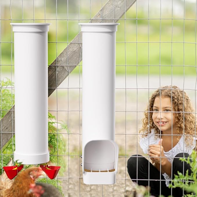 Automatic Chicken Feeder, 7lb Large PVC No Waste Chicken Feeder with Rain Cover, Weatherproof Solid Built Poultry Feeder, Easy to Install & Clean, Ideal for 4-6 Chickens