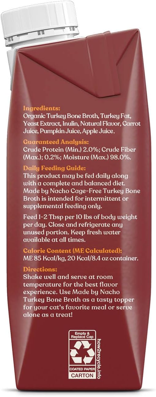 Made by Nacho Bone Broth Cat Food Topper for Hydration and Picky Eaters - Add Protein and Flavor to Your Dry Cat Food – Supports Optimal Nutrition, Digestion, Skin & Coat 11 oz. (Pack of 4), Turkey