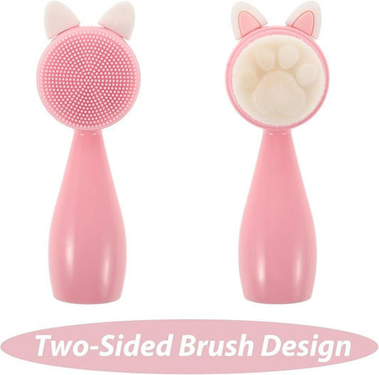ABOOFAN Manual Silicone Facial Cleansing Brush, Dual-Sided Soft Bristles Face Exfoliator Brush with Abs Handle, Pink Rabbit Ear Design for Gentle Deep Face Cleaning and Skin Care