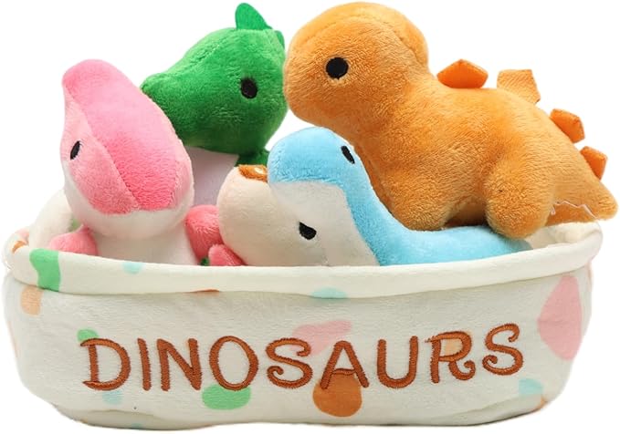 Dinosaur Plush Toy Set, 5pcs Soft Stuffed Dino Toys in Basket, 7.87in Interactive Plush Animal Figures – Birthday, Christmas, Kids Gift for Boys & Girls, Room Decor
