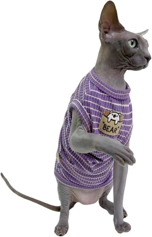 Purple Stripe Sphynx Cat Vest Clothes for Hairless Cat T-Shirt Apparel | Sleeveless, Rib Knit, Thin for Summer, Cotton Blend