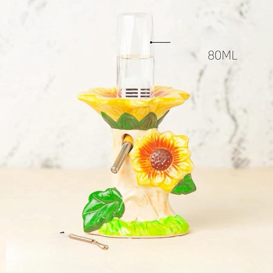 Ceramic Hamster Water Bottle with Stand & 80ML Water Bottle, Water Dispenser for Small Animal, Water Bottle Holder Auto Water Feeding Bottles for Syrian Dwarf Hamster Mice Gerbil (Sunflower Shape)