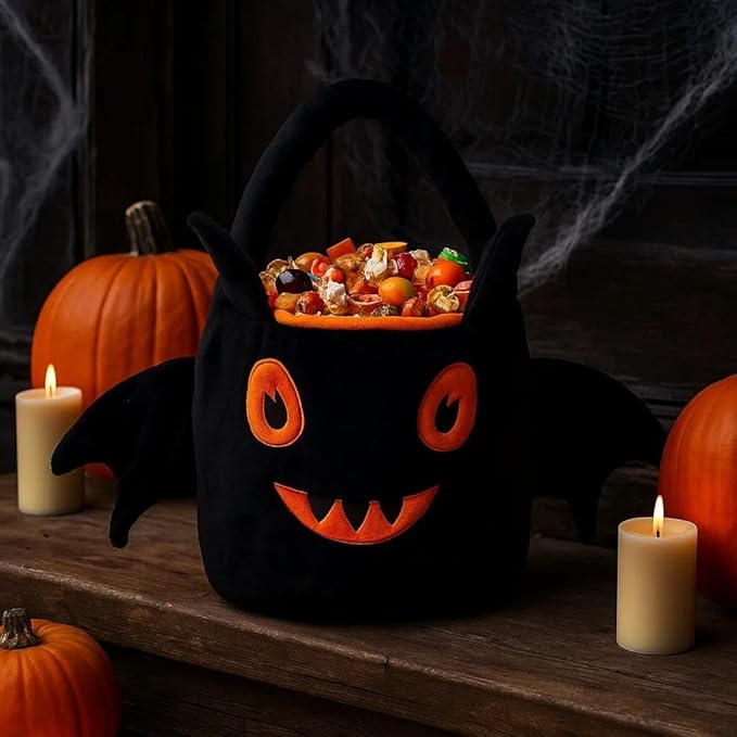 Halloween Plush Treat Basket, Halloween Candy Basket, Trick-or-Treat Bag( Black Orange Bat)