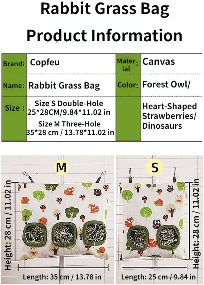 Rabbit Hay Feeder Bag for Cage Guinea Pig Timothy Hay Dispenser Storage Manger Hanging Large Less Waste for Bunny Guinea Pig Chinchilla (Forest Owl,Medium)