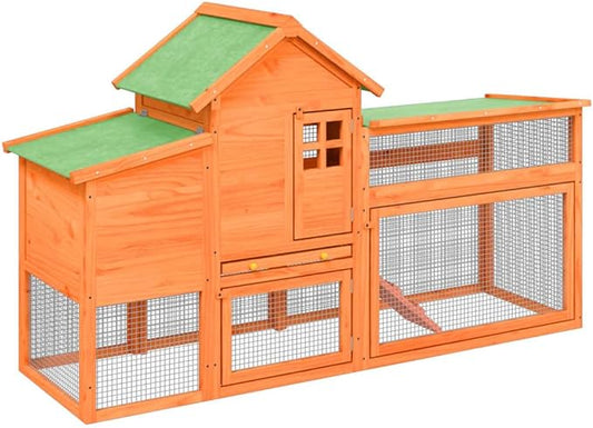 Large Chicken Coop for Backyard, Outdoor Poultry House with Nesting Box and Storage, Solid Pine Wood and Plywood Construction, Rustic Rabbit Hutch, Brown 73.4 x 23.0 x 44.5 Inch