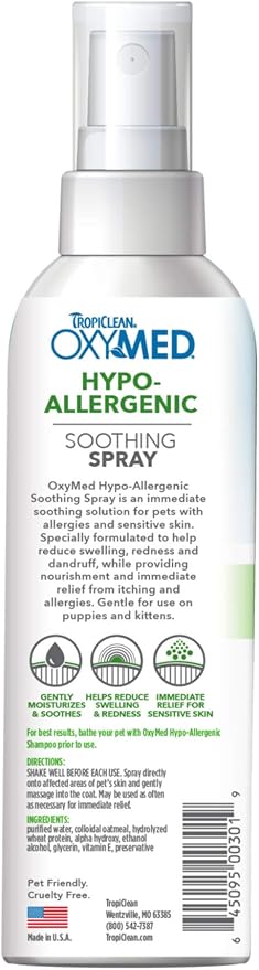TropiClean OxyMed Hypoallergenic Hot Spot Treatment for Dogs, Dog Allergy Relief Spray, Gently Soothes Skin Irritation, Helps Alleviate Scratching, Chewing & Licking, Safe for Cats, 8oz.