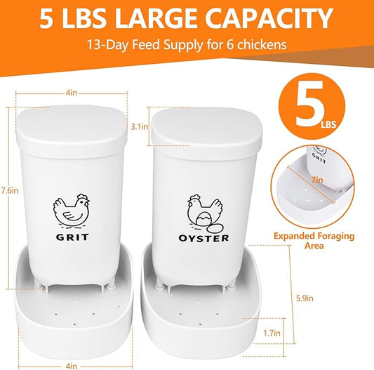 Chicken Oyster Shell Feeder and Grit Feeder with Lid, Automatic Chicken Feeder Coop Accessories Supplies Bottom with Drainage Holes Design for Healthier Hens & Eggs