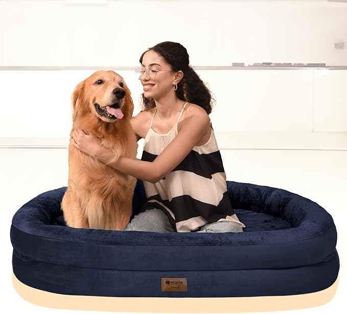 Orthopedic Dog Bed for Large Dogs, Waterproof Dog Bed for Large Size Dogs with Bolsters, Egg Crate Foam Sofa Bed with Washable Removable Cover & Non-Slip Bottom, Navy