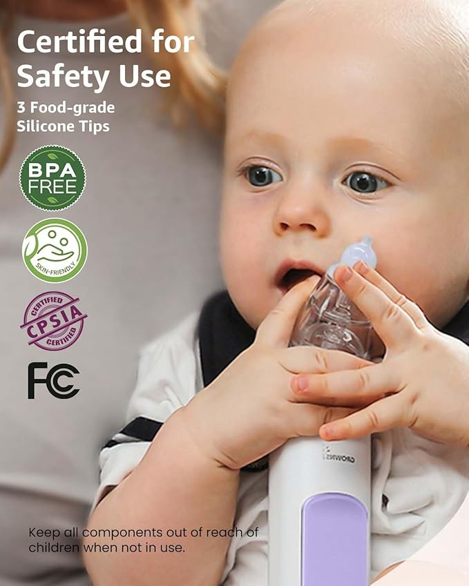 GROWNSY Nasal Aspirator for Baby, Electric Baby Nose Sucker, Automatic Nose Cleaner with Larger Suction Chamber and More Powerful Suction, Music and Light Soothing Function, Purple